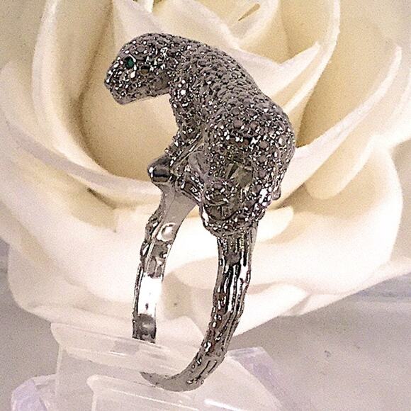 Vintage Sterling Silver Leopard Ring, Green Eyes Art Deco - Picture 4 of 12